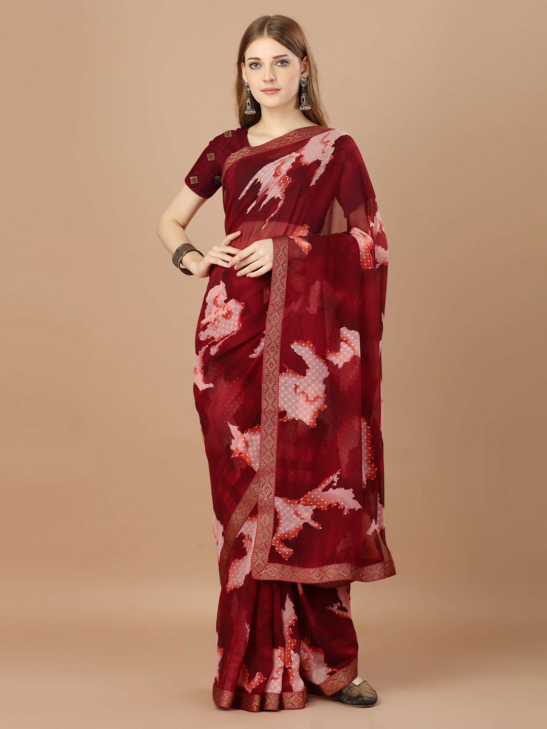 Mitera Maroon & White Abstract Printed Beads And Stones Pure Georgette Saree