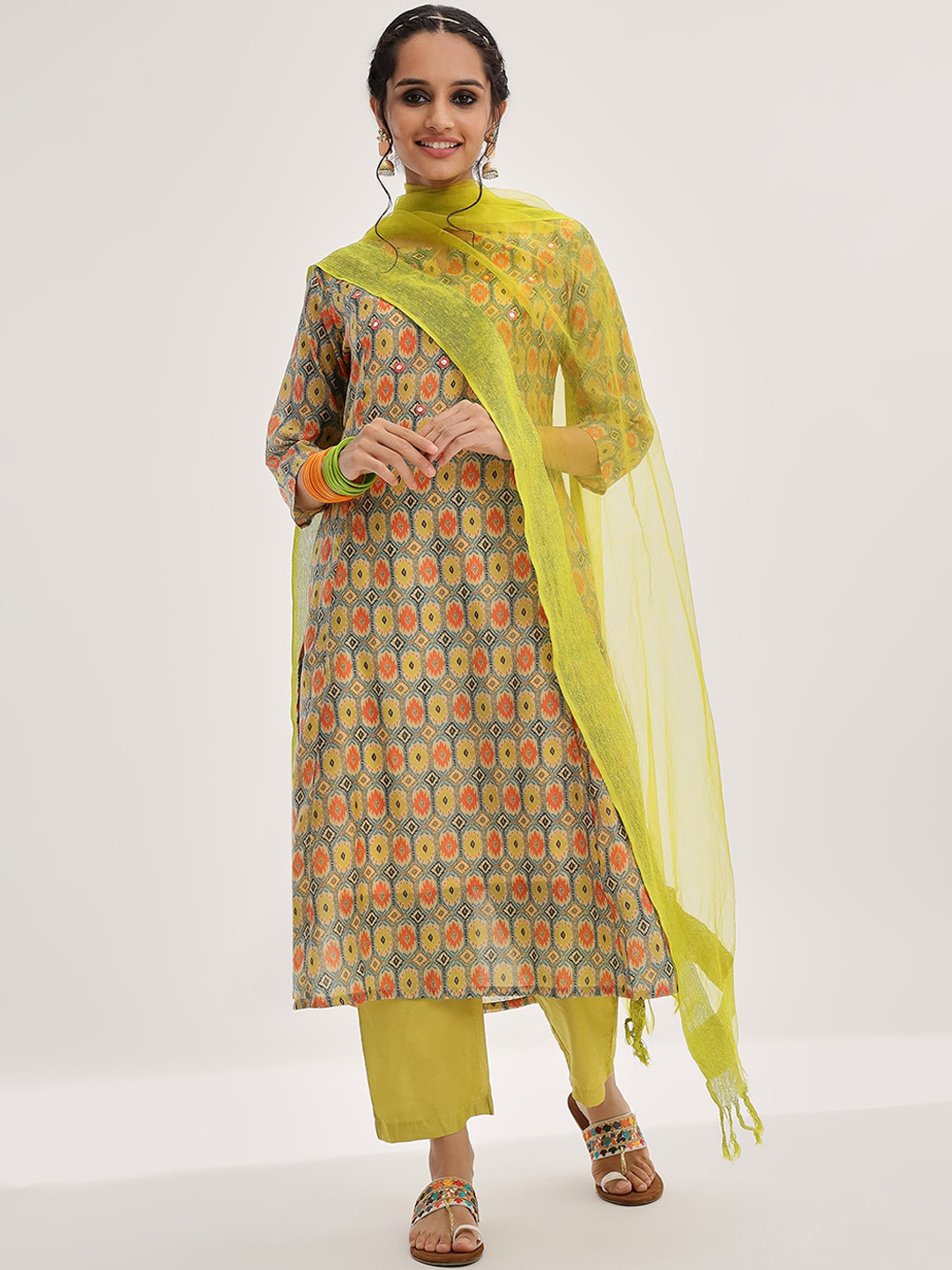 Varanga Lime Green Ethnic Motifs Printed Mirror Work A-Line Kurta & Trousers With Dupatta