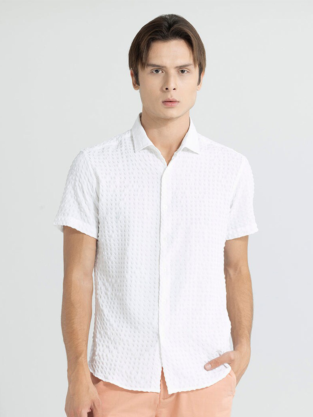 Snitch White Classic Textured Self Design Spread Collar Pure Cotton Casual Shirt