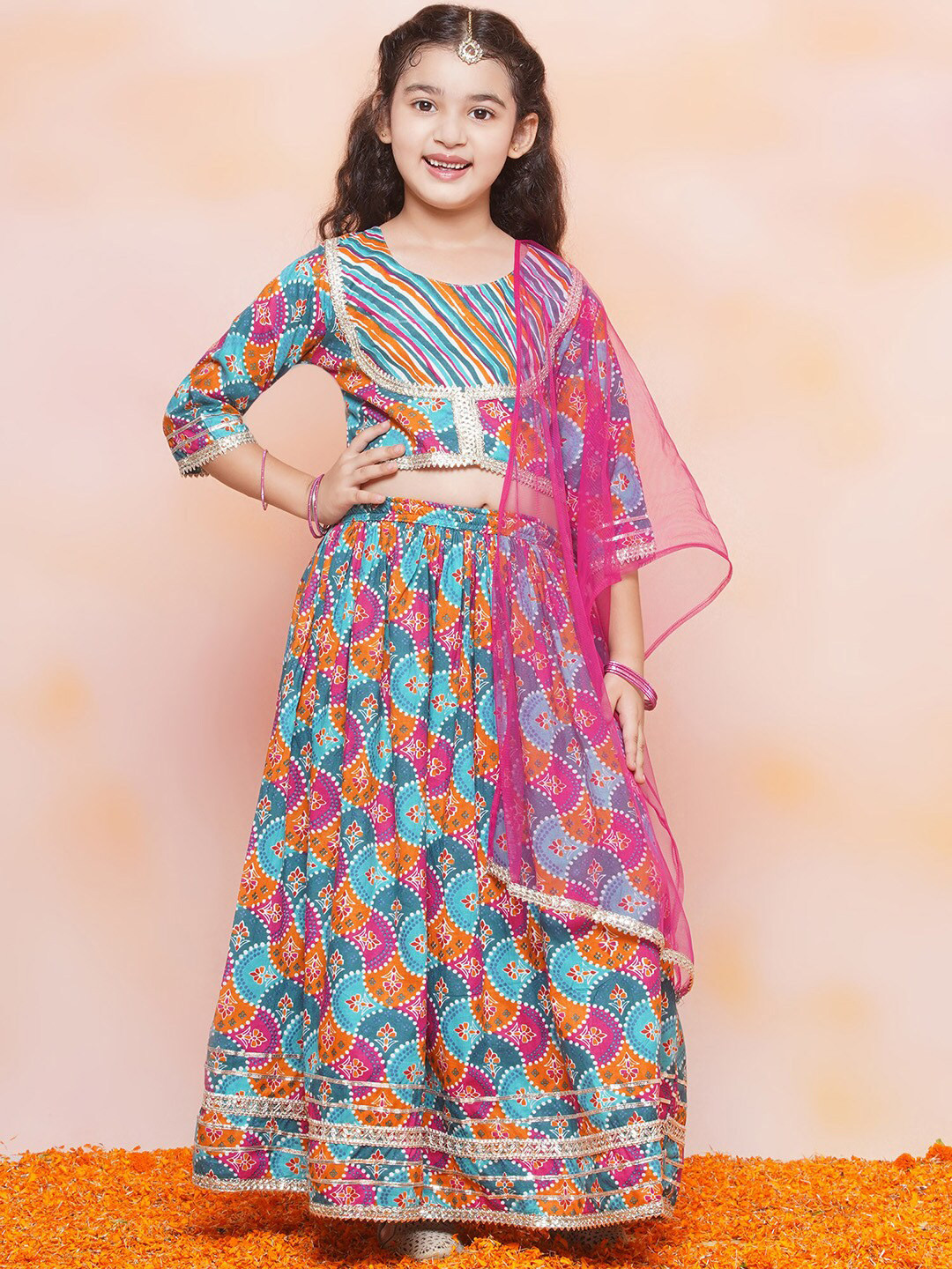 Aj DEZInES Girls Blue Bandhani Printed Ready to Wear Cotton Lehenga & Blouse With Dupatta