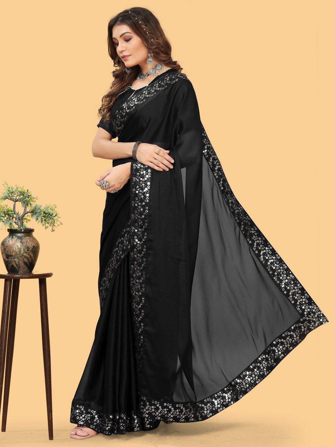 Sangria Black Sequinned Pure Georgette Sungudi Saree
