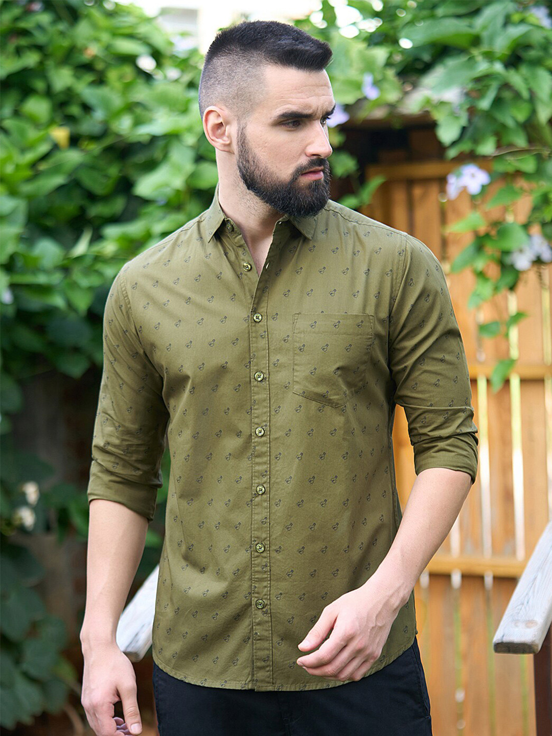 DILLINGER Olive Green Conversational Printed Casual Shirt
