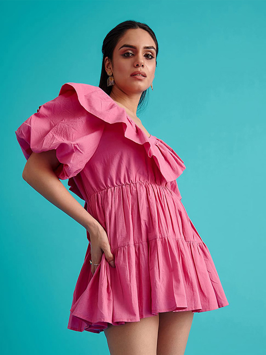 THE CLOTHING FACTORY Off-Shoulder Puffed Sleeves Ruffle Pure Cotton Fit & Flare Mini Dress