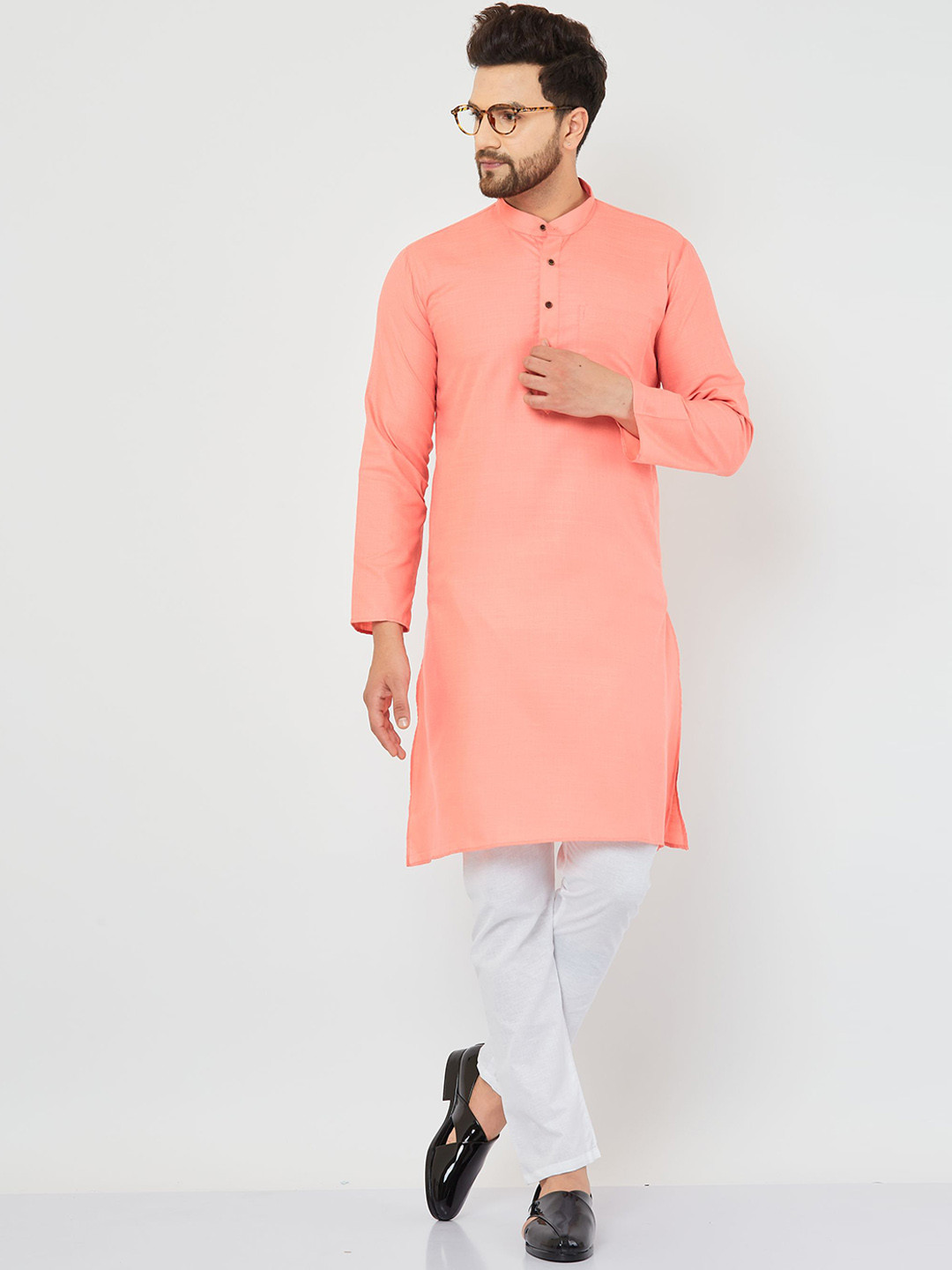 Armaan Ethnic Band Collar Long Sleeve Straight Pocket Cotton Kurta