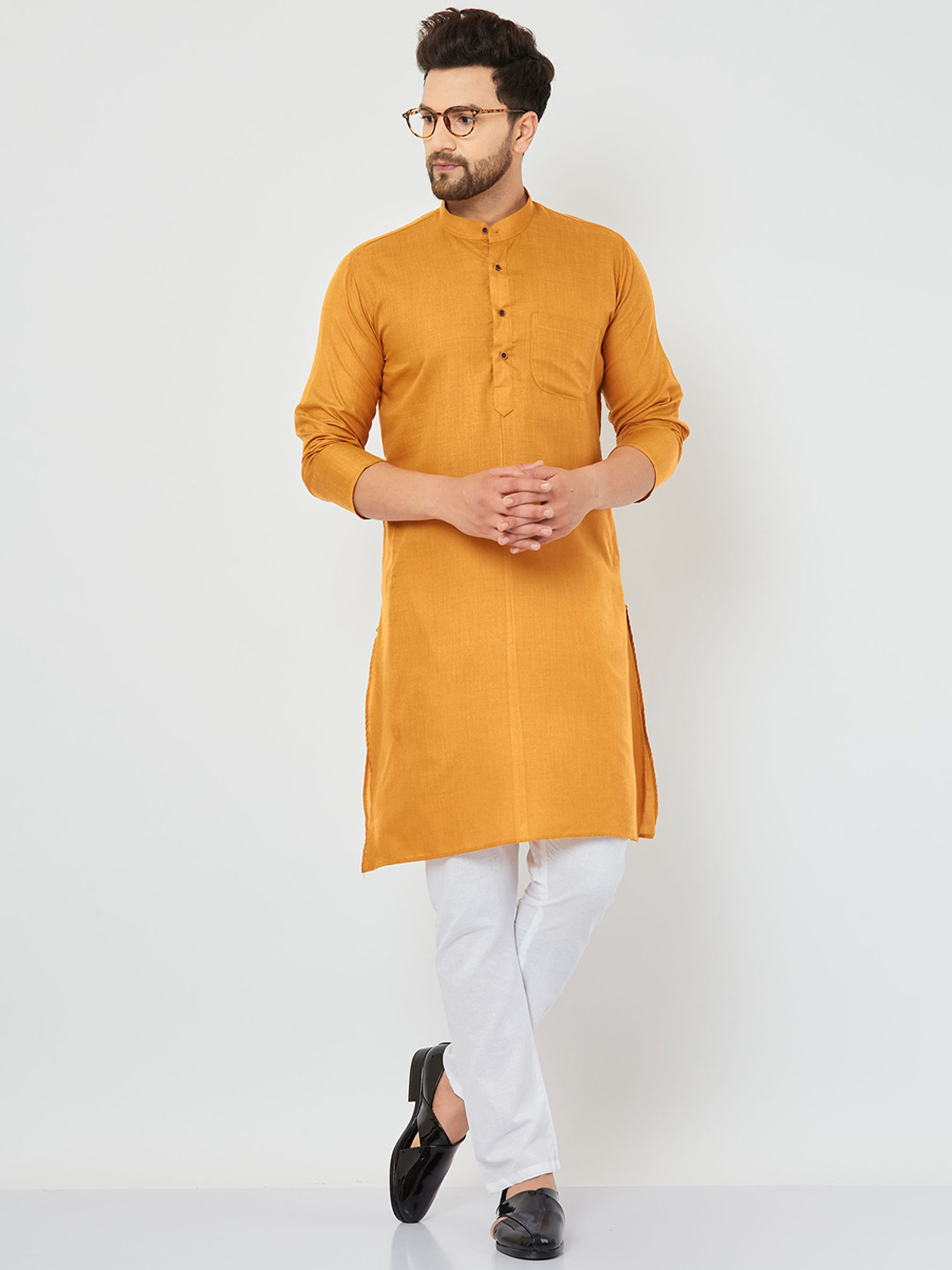 Armaan Ethnic Band Collar Long Sleeve Straight Pocket Cotton Kurta