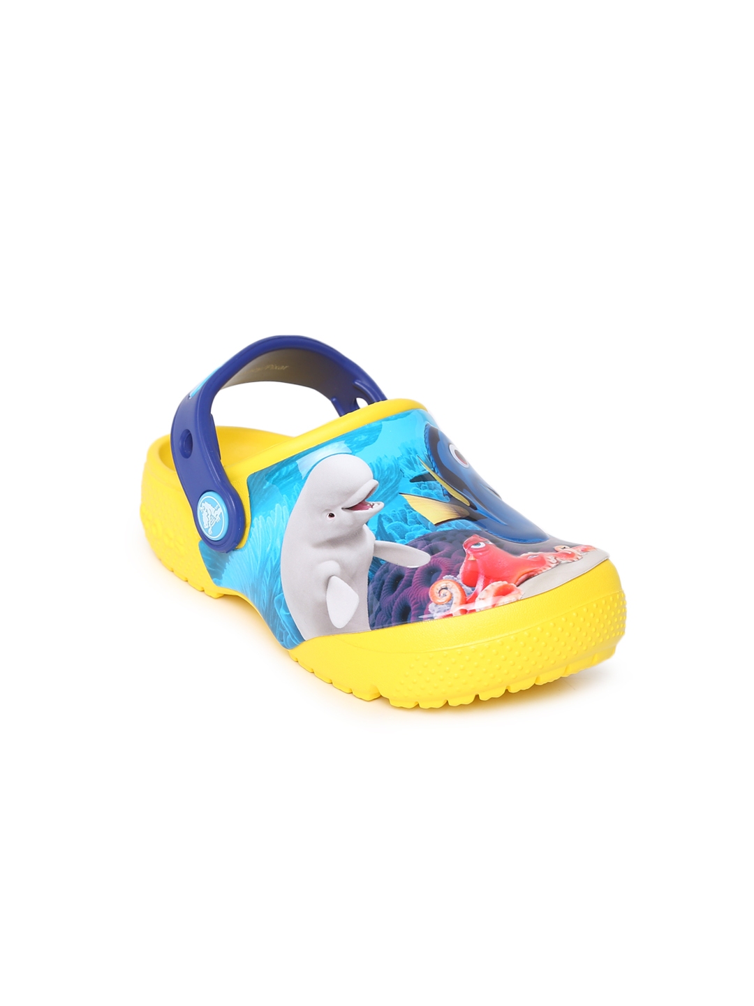 yellow and blue crocs