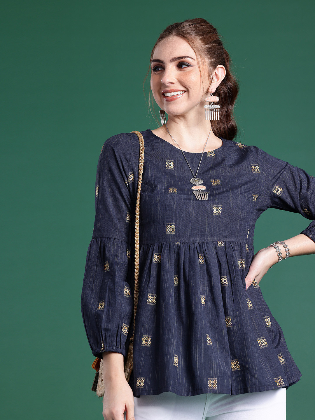 Sangria Geometric Print Puff Sleeve Cotton Peplum Top