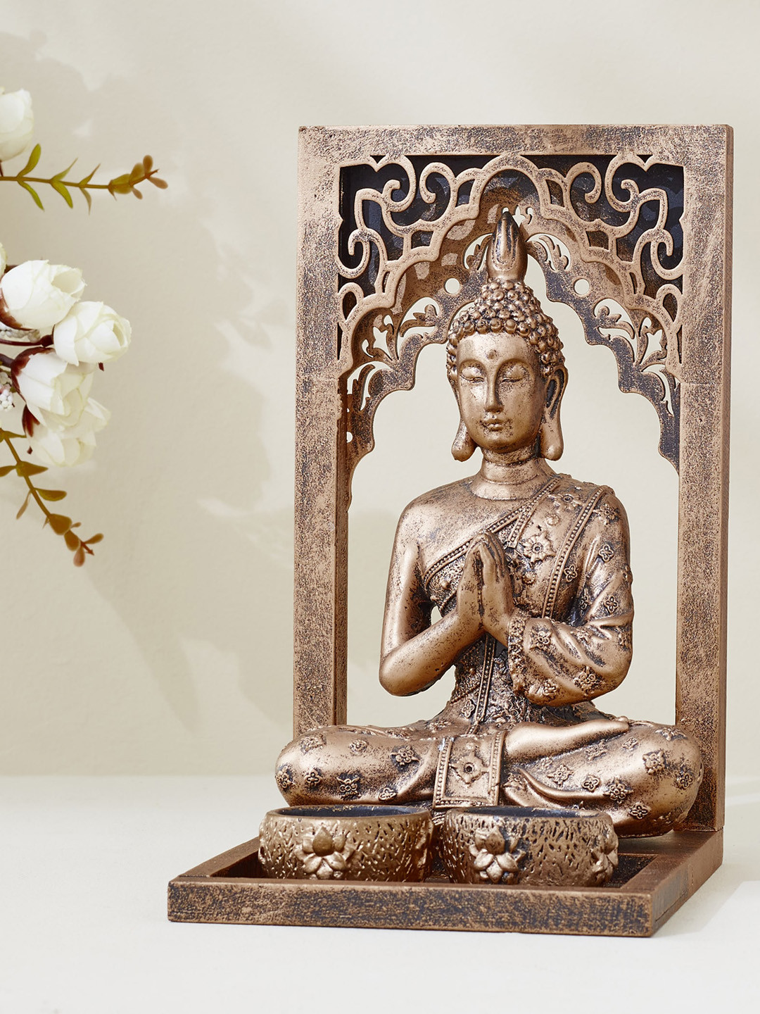 Home Centre Buddha Yellow Polyresin Natural Prayer Room Lights Medium Showpiece - 9.3 Inches