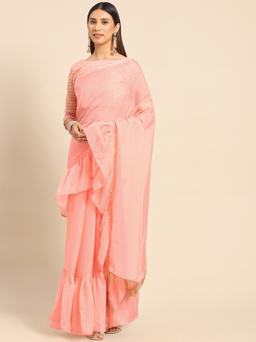 Mitera Peach-Coloured Ruffles Pure Georgette Saree