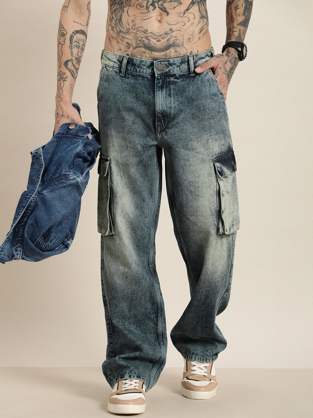 HERE&NOW Men Relaxed Cargo Pure Cotton Heavy Fade Jeans
