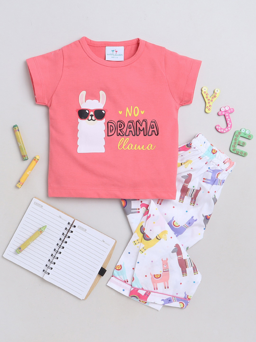 Knitting Doodles Girls Graphic Printed Pure Cotton T-Shirt With Pyjama