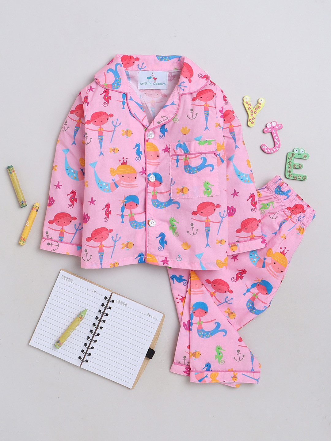Knitting Doodles Girls Pink & Blue Printed Night suit