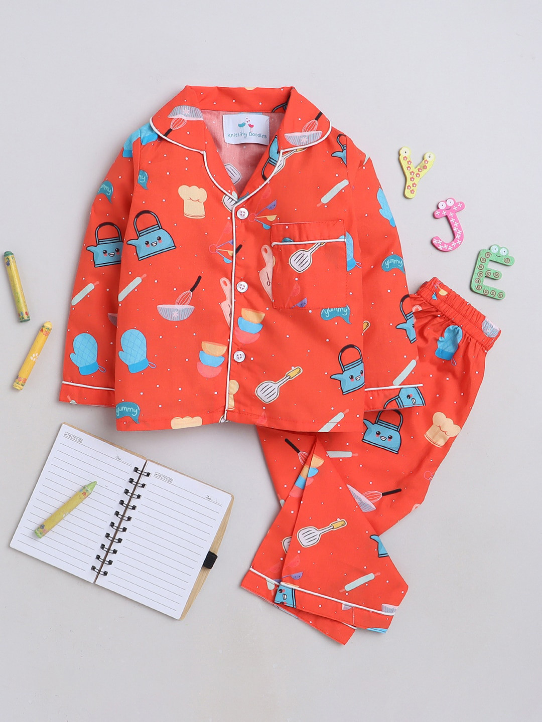 Knitting Doodles Kids Red Conversational Printed Shirt With Pyjamas Night Suit