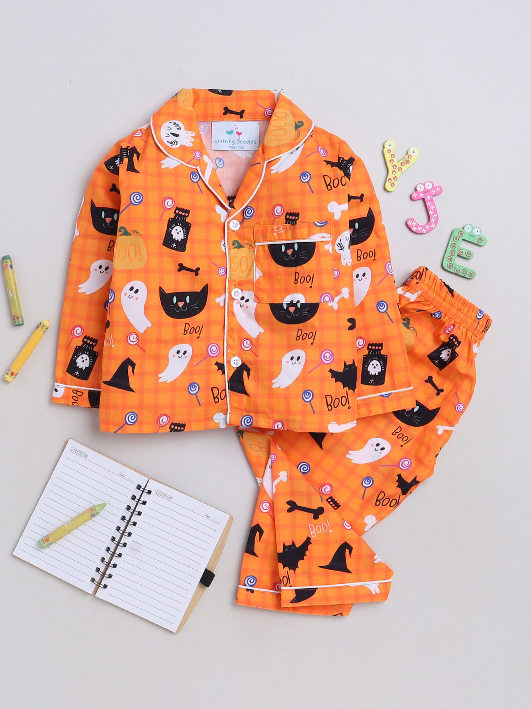 Knitting Doodles Kids Conversational Printed Lapel Collar Night suit