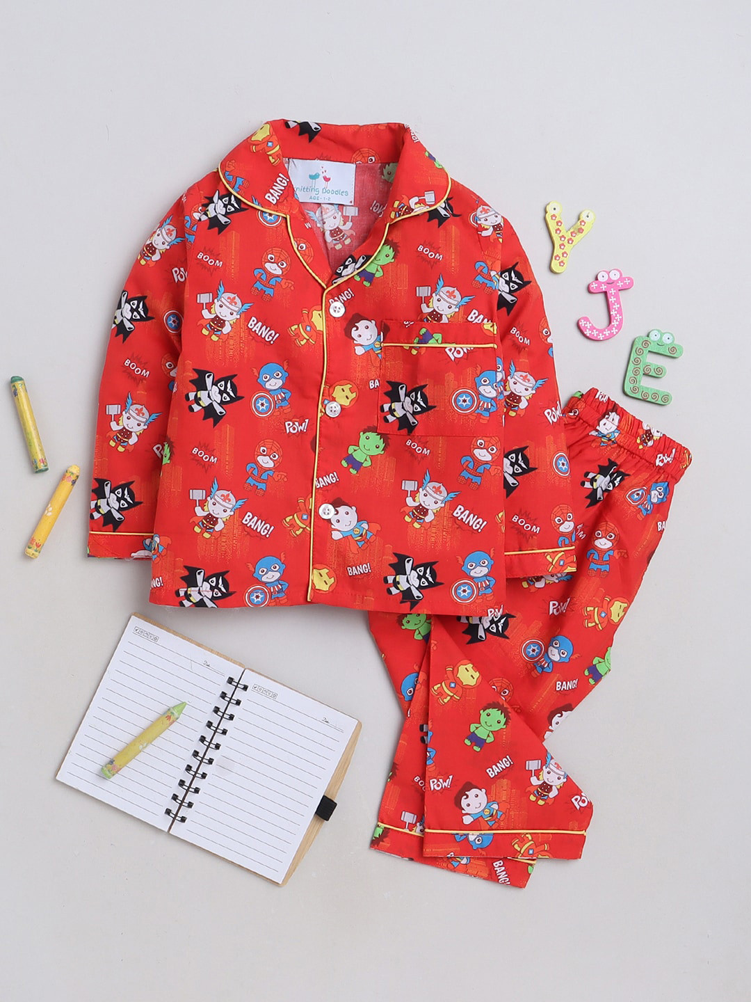 Knitting Doodles Kids Cartoon Characters Printed Shirt With Pyjamas
