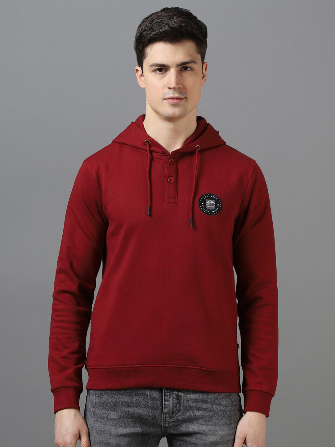 Urbano Fashion Cotton Solid Button Hooded Neck Sweatshirt