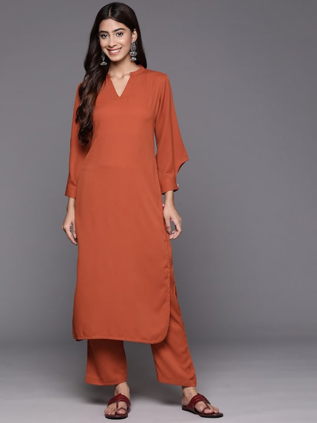 Varanga Rust Mandarin Collar Cuffed Sleeves Straight Kurta with Trousers