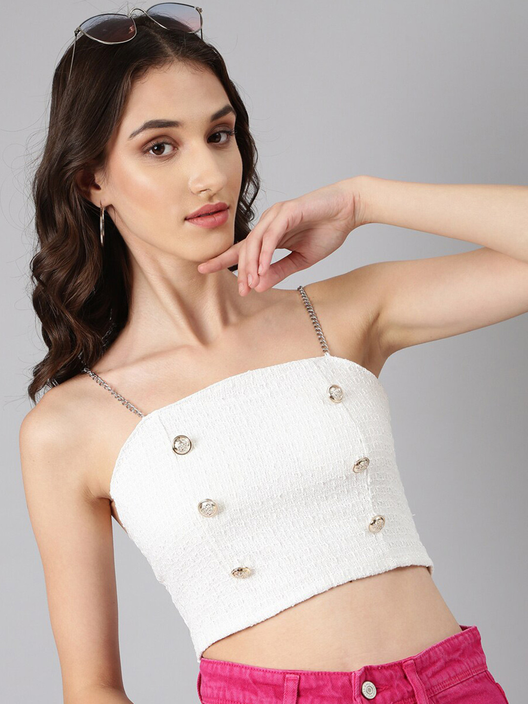 SHOWOFF Shoulder Straps Sleeveless Smocked Crop Top