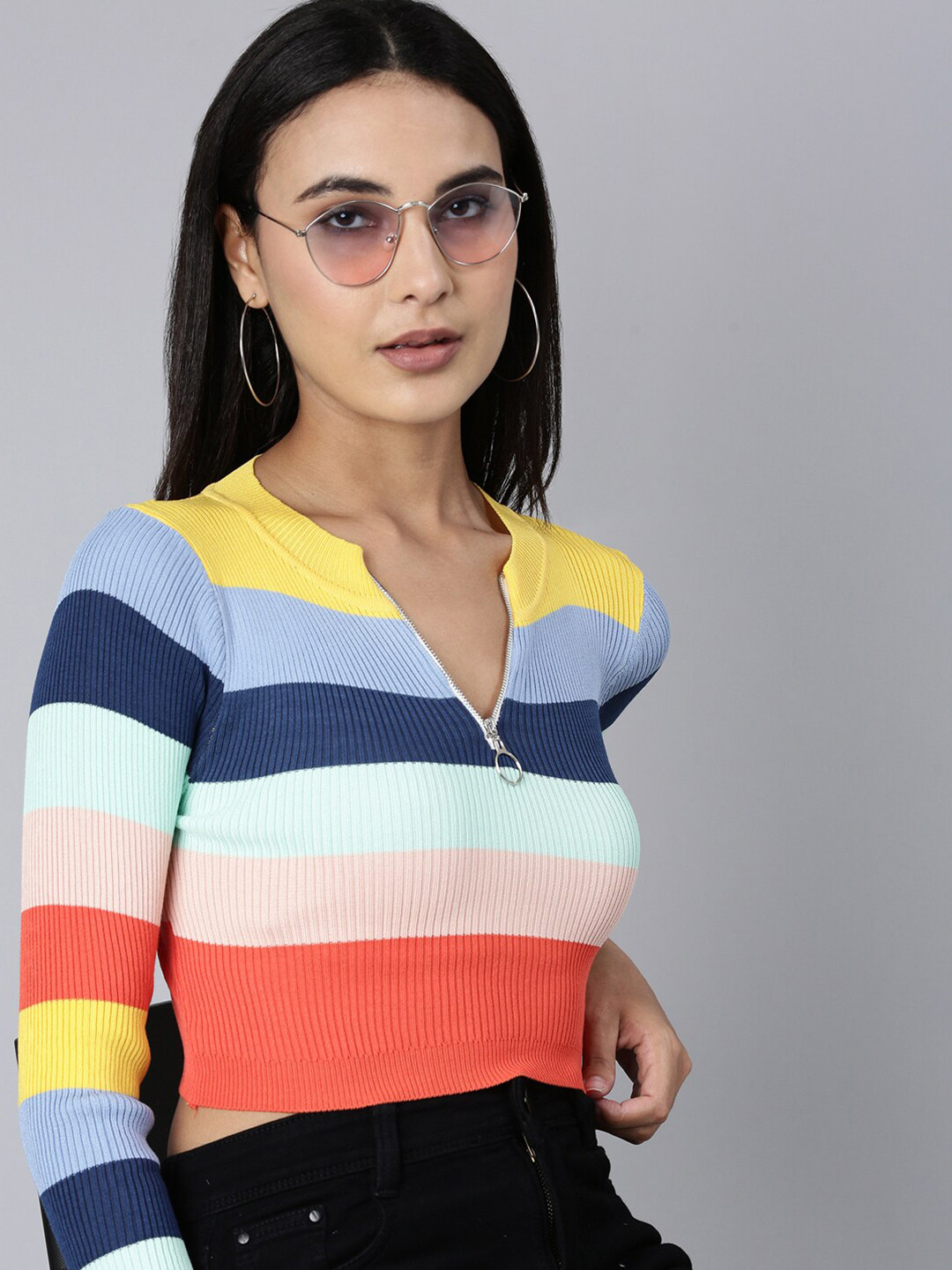 SHOWOFF Striped Band Collar Crop Top