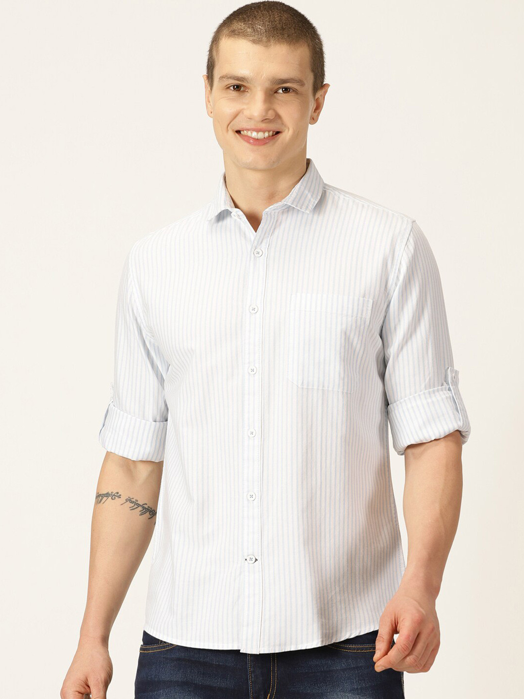 Mast & Harbour Blue & White Classic Slim Fit Striped Oxford Cotton Casual Shirt