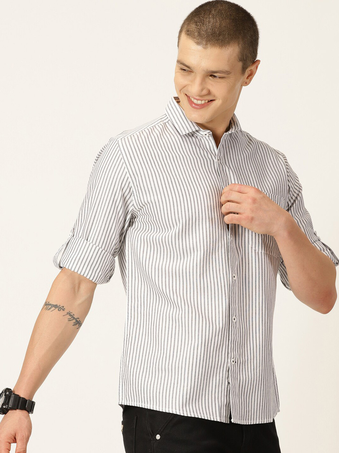 Mast & Harbour Black Classic Slim Fit Striped Oxford Cotton Casual Shirt