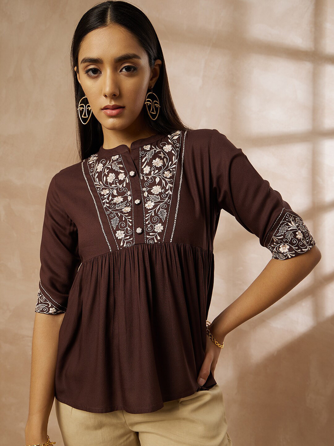 Routes by All About You Floral Embroidered Mandarin Collar Gathered A-Line Top
