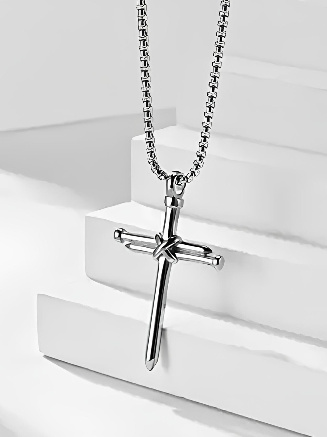 KARISHMA KREATIONS Silver-Plated Stainless Steel Jesus Cross Pendant With Chain