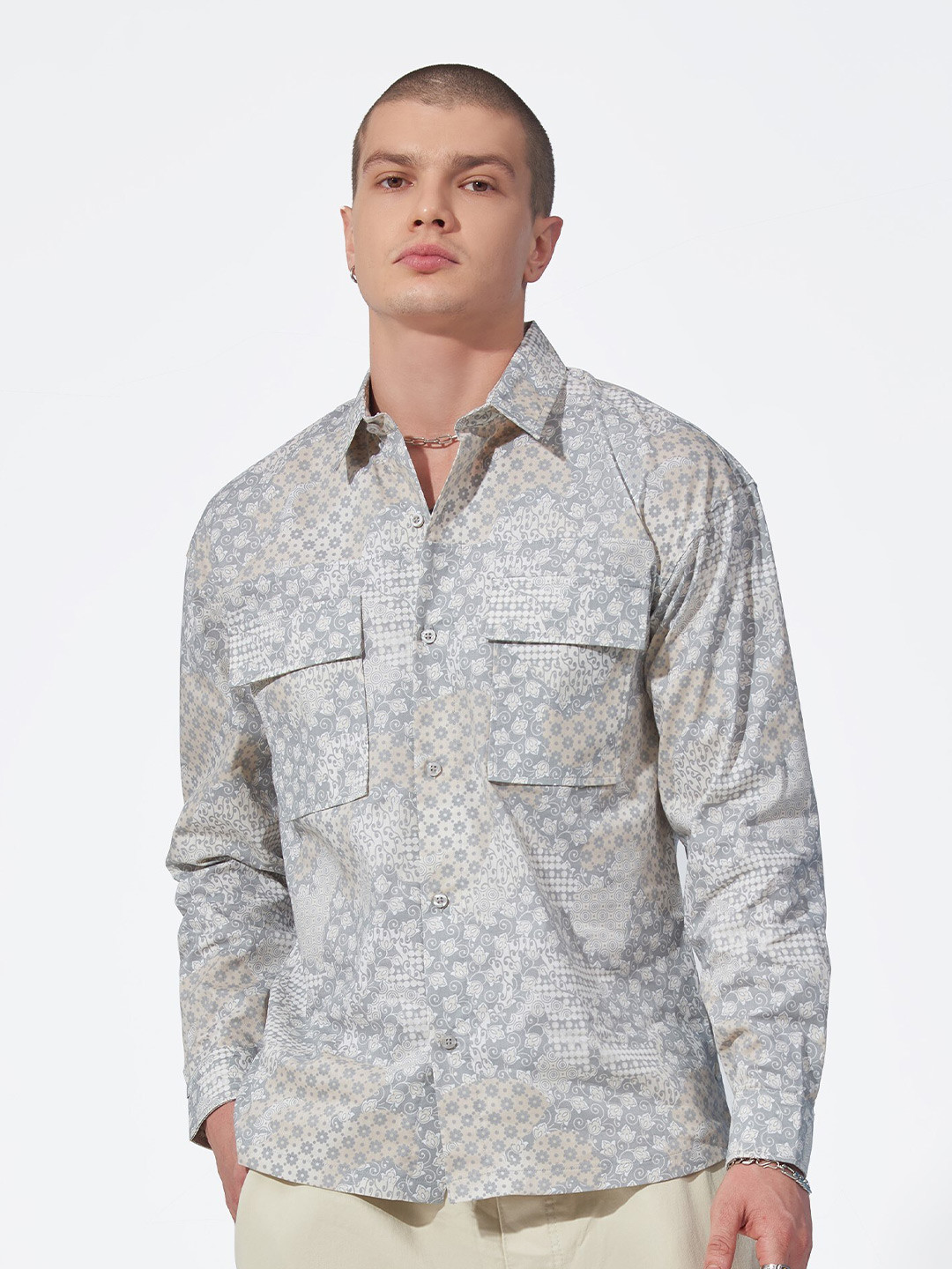 Maniac Classic Oversized Floral Printed Spread Collar Long Sleeve Casual Shirt