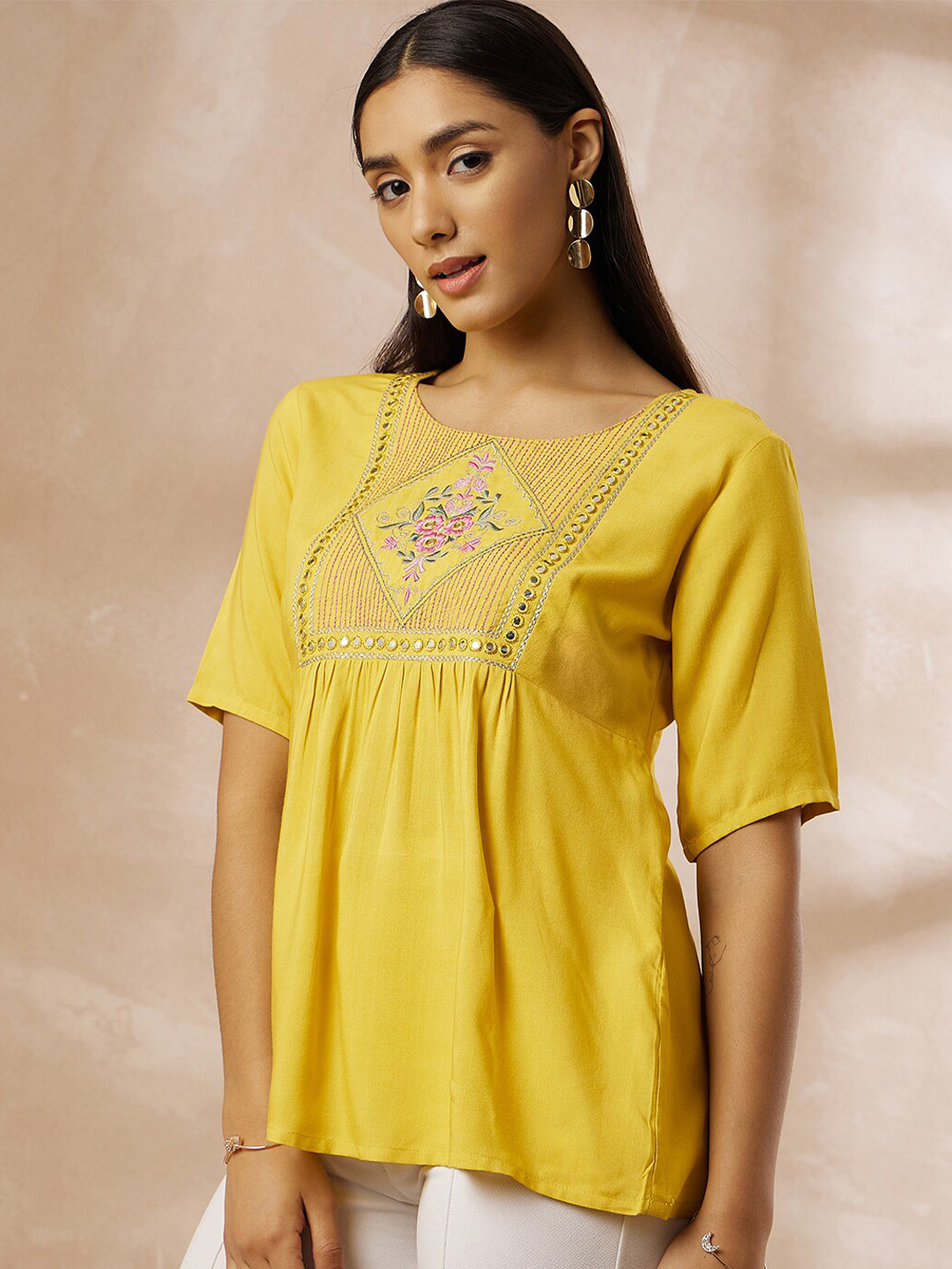 Routes by All About You Yellow Floral Embroidered Round Neck Gathered Cotton A-Line Top