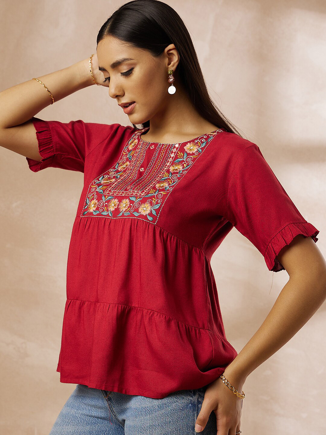 Routes by All About You Maroon Floral Embroidered Round Neck Gathered Viscose Rayon Tiered Top