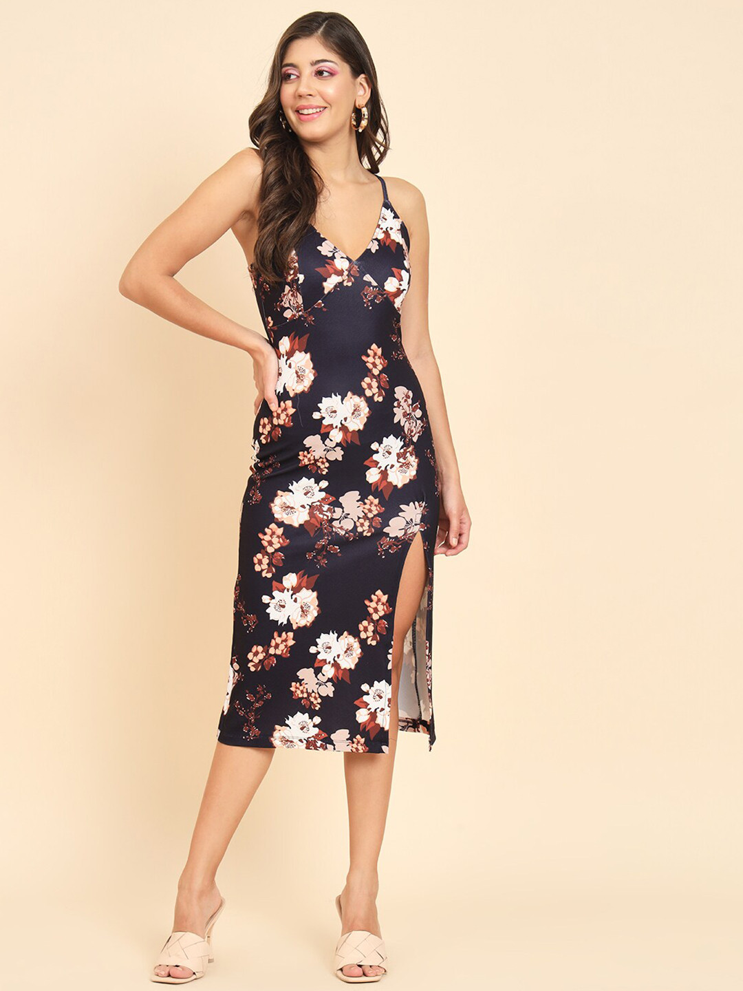 MAZIE Floral Printed Shoulder Straps Sheath Midi Dress