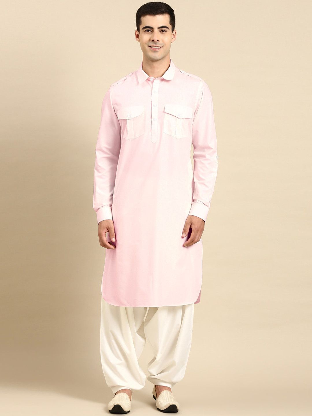 TheEthnic.Co Shirt Collar Roll Up Sleeves Cotton Pathani Kurta