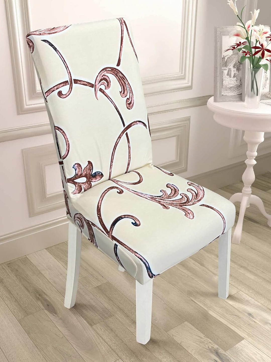 HOUSE OF QUIRK 4-Pcs Beige Printed Stretchable Removable Chair Covers