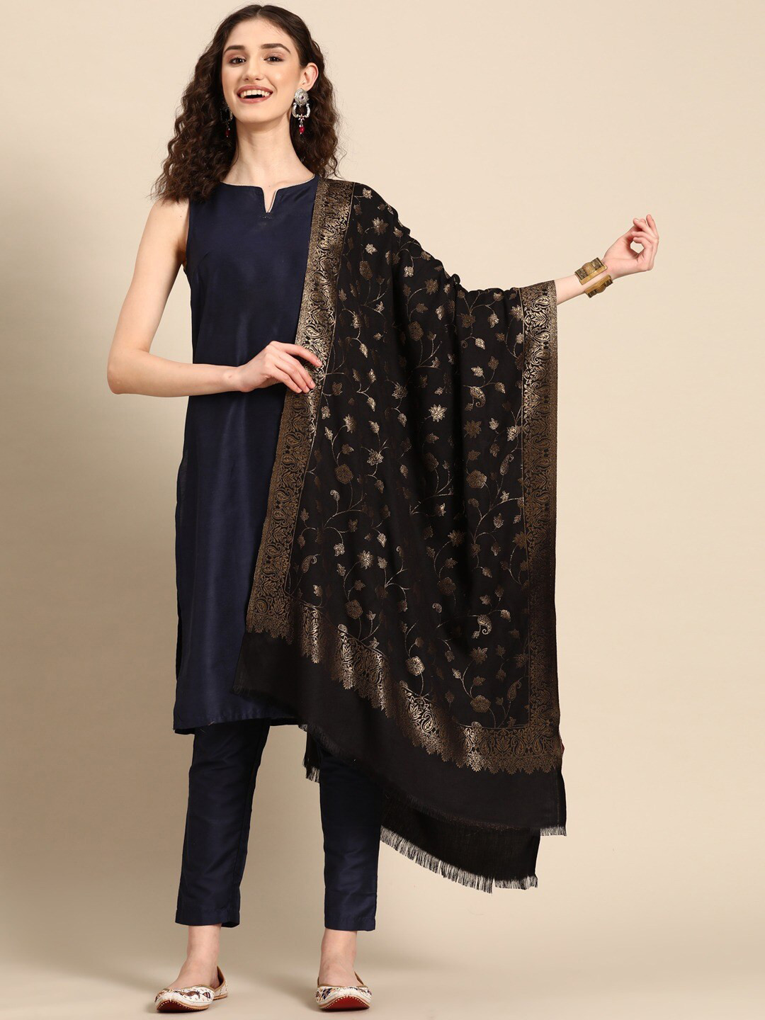 Sangria Black Ethnic Motif Woven Design Modal Stole