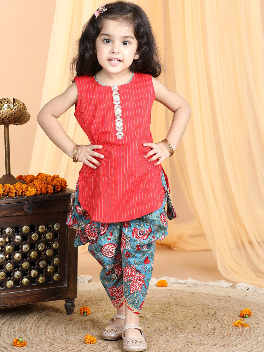 Here&Now X Kinder Kids Girls Striped Pure Cotton Sleeveless Gotta Patti Kurti With Dhoti Pants