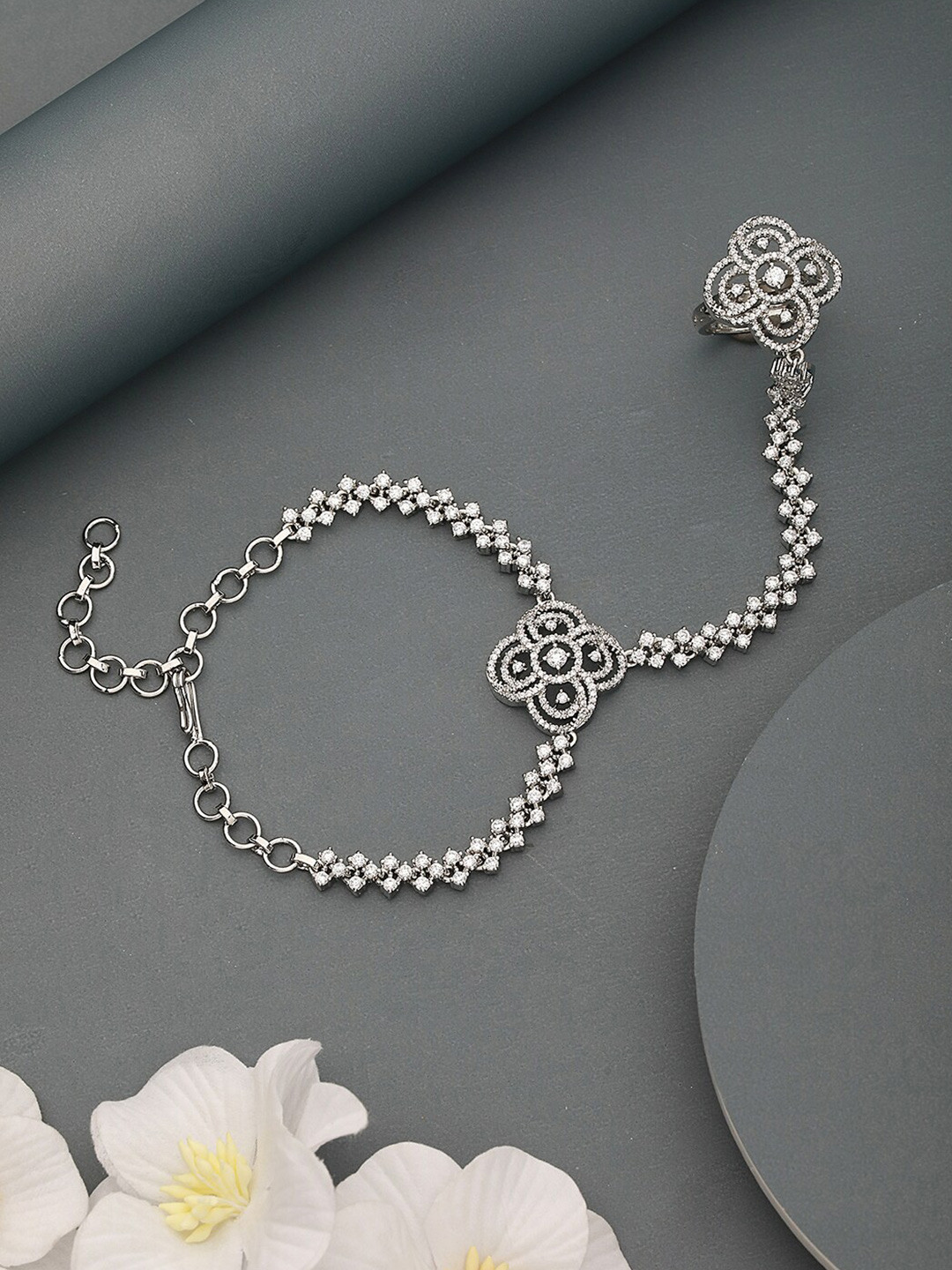 Saraf RS Jewellery Rhodium-Plated Brass Cubic Zirconia-Studded Wraparound Bracelet