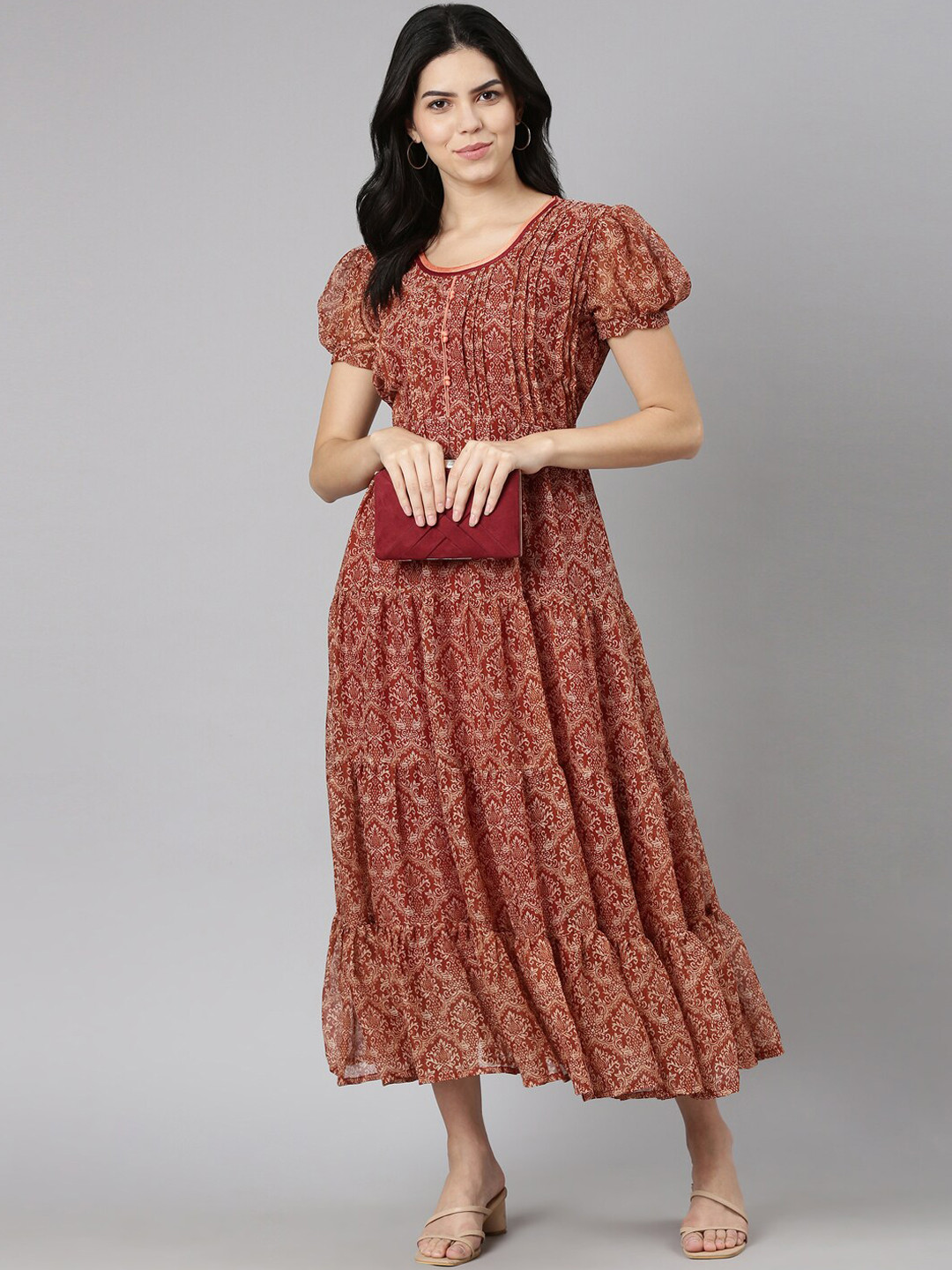 Souchii Ethnic Motifs Printed Puff Sleeves Tiered Midi Ethnic Dress