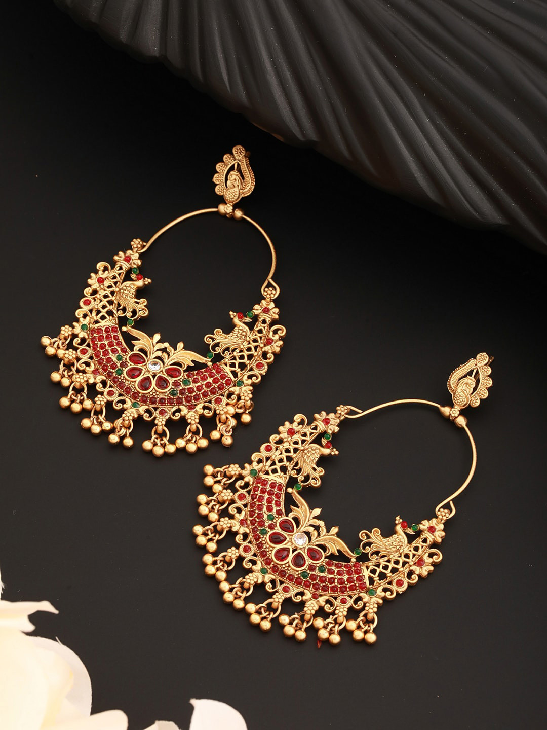 Saraf RS Jewellery 22KT Gold-Plated American Diamond Studded & Beaded Temple Chandbalis