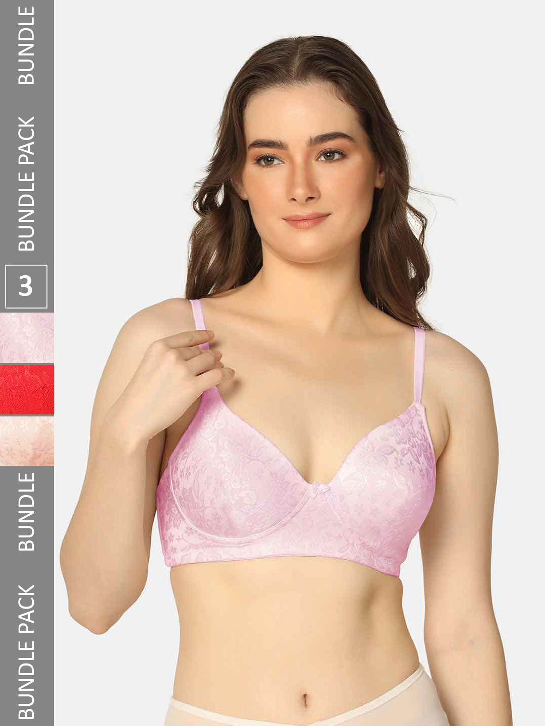 Curvy Love Pack Of 3 Floral Self Design Full Coverage T-shirt Bra With All Day Comfort