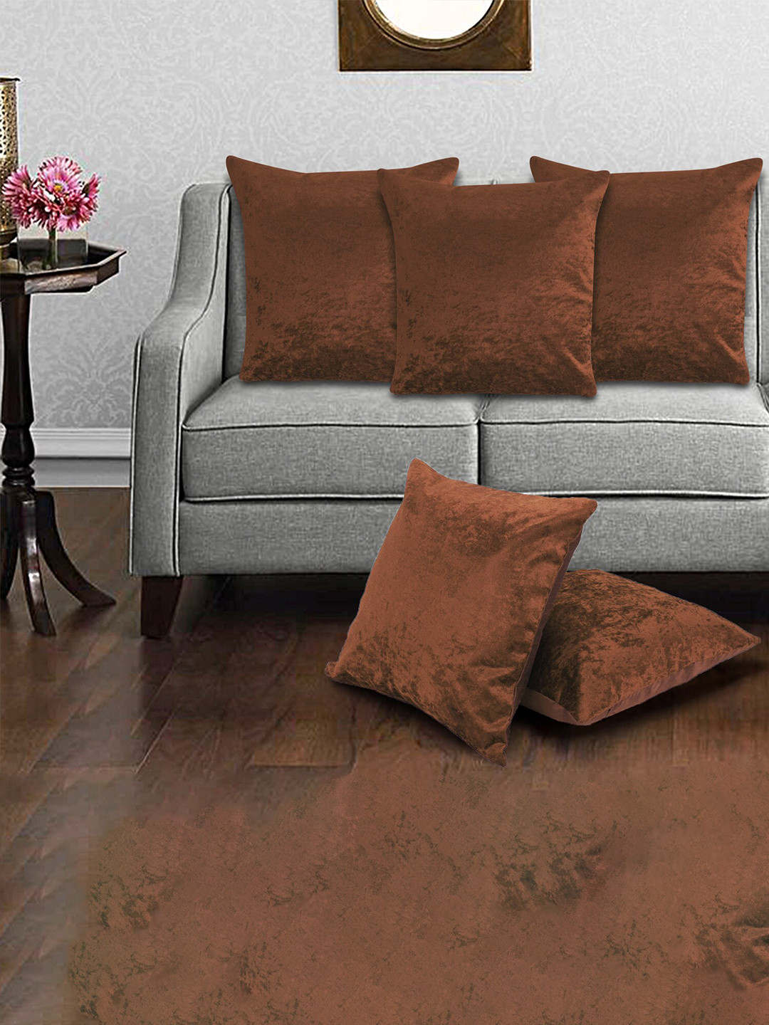 Creeva Rust 5 Pieces Velvet Square Cushion Covers