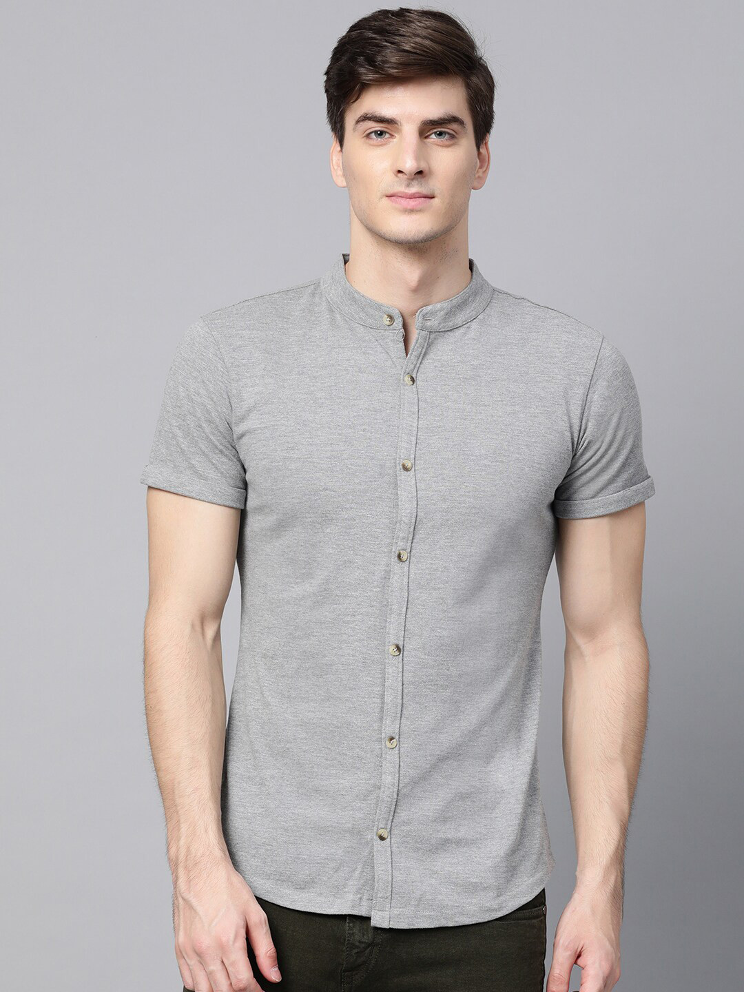 MANQ India Slim Slim Fit Band Collar Short Sleeves Cotton Shirt