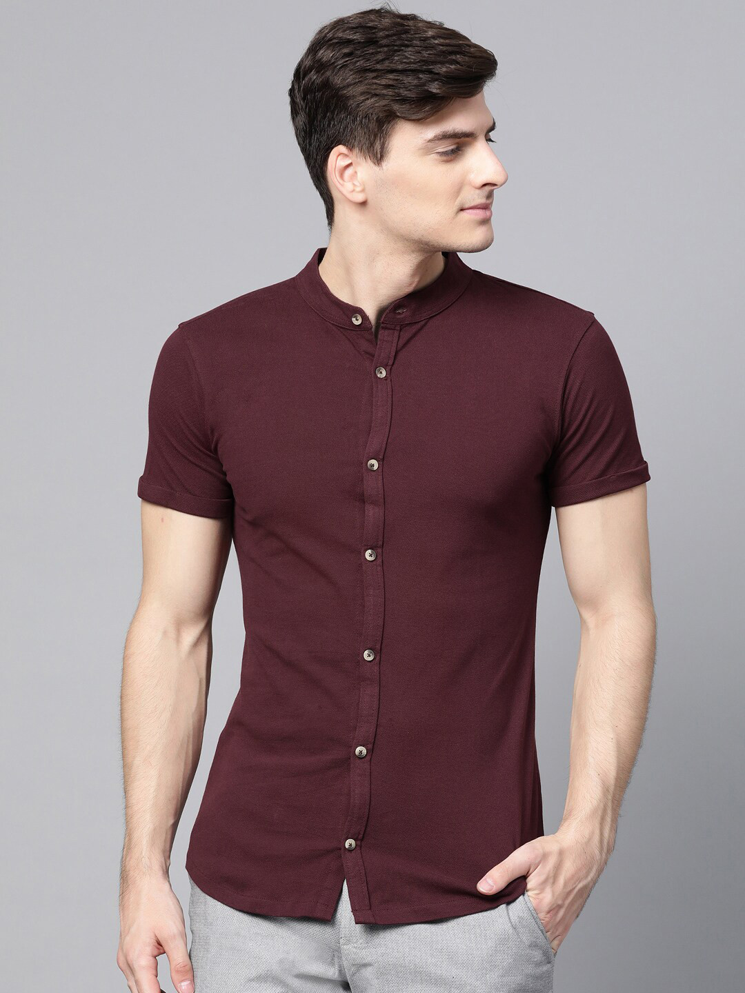 MANQ India Slim Slim Fit Band Collar Short Sleeves Cotton Shirt