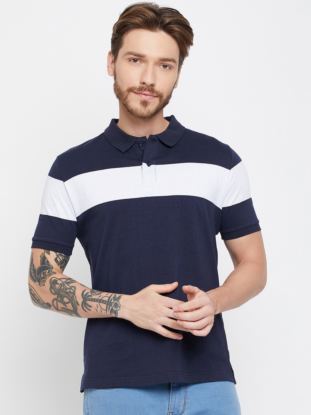 Austin wood Colourblocked Polo Collar Cotton Slim Fit T-shirt