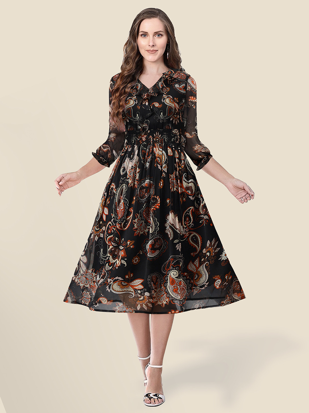 BAESD Paisley Printed V-Neck Georgette Fit & Flare Midi Dress