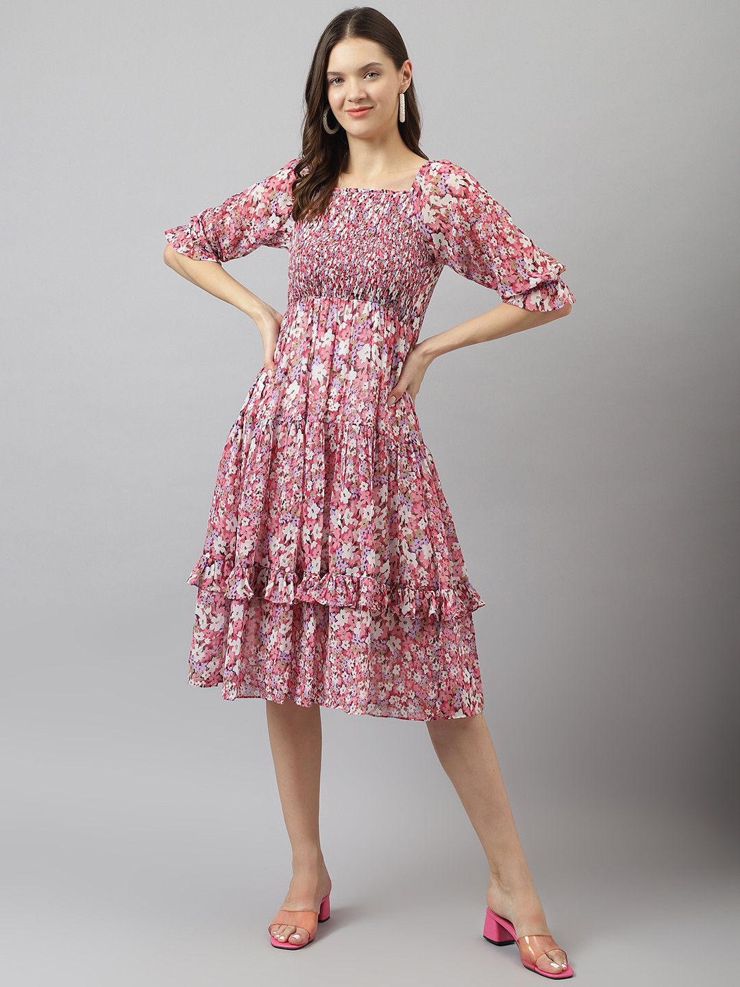 BAESD Floral Pink Floral Printed Fit & Flare Dress