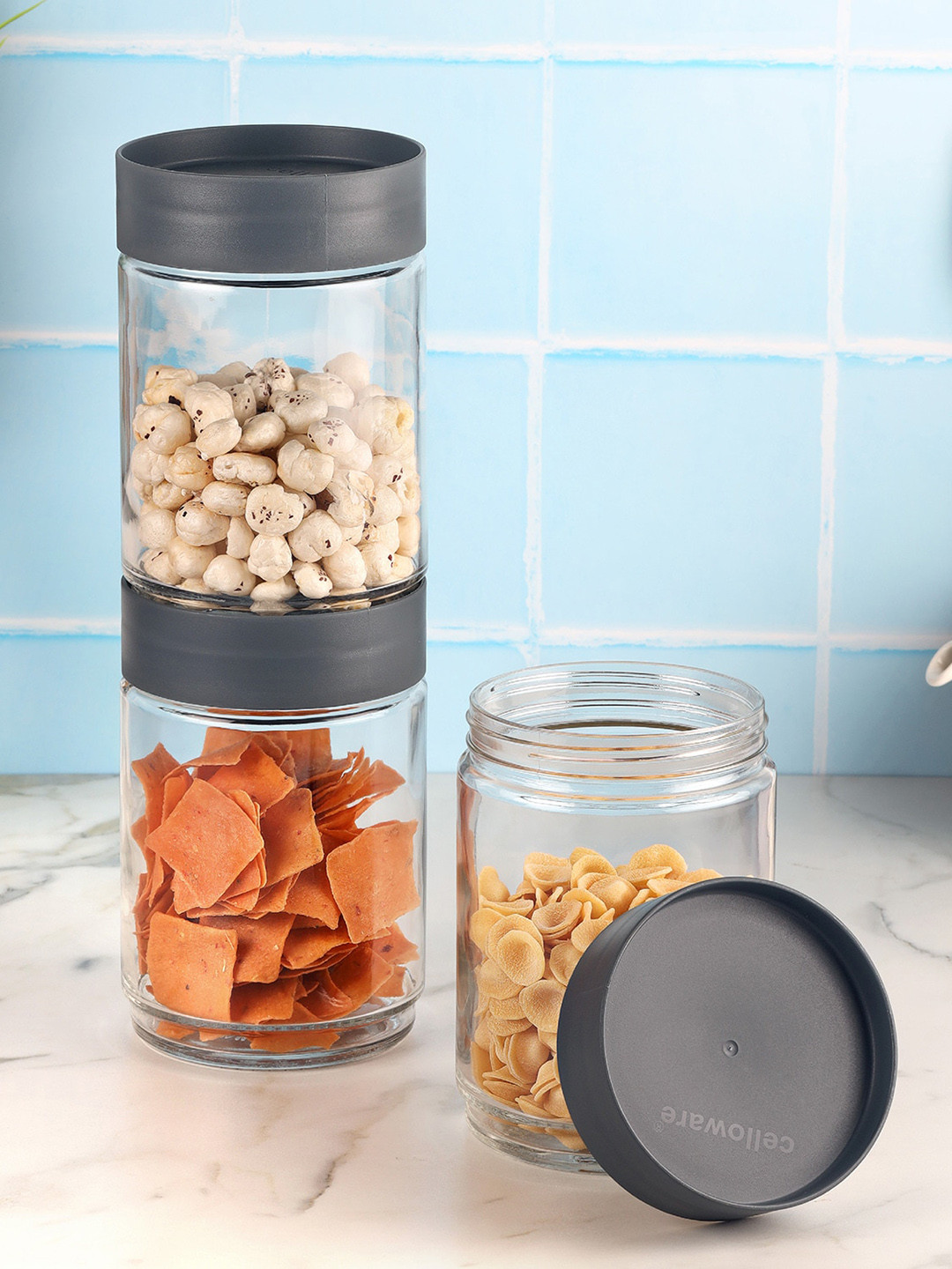 Cello Modustack 3 Pieces Grey Storage Glass Containers- 1500 ML Each