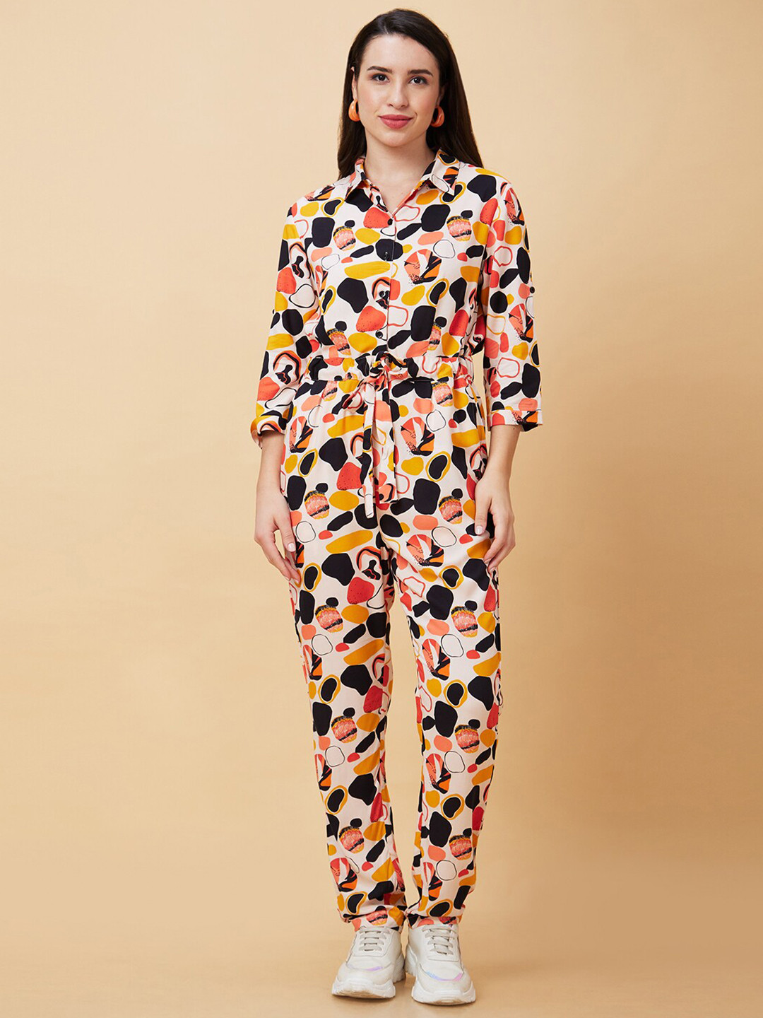 Globus Beige Printed Shirt Collar Waist Tie-Up Basic Jumpsuit