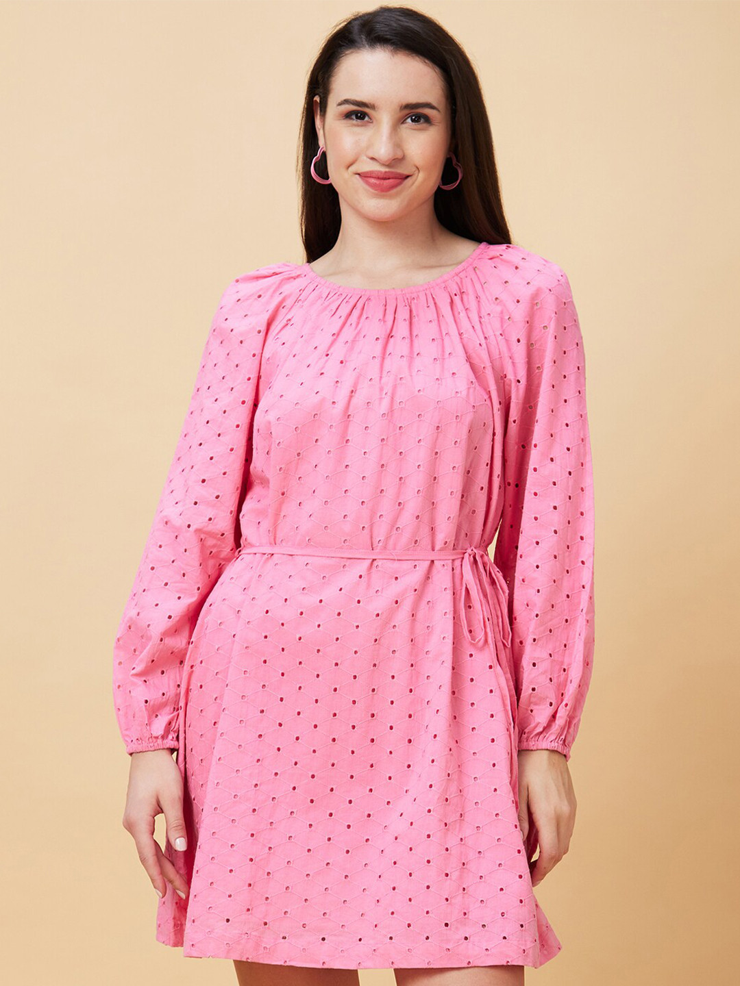 Globus Polka Dot Pink Self Design Puff Sleeves Schiffli Pure Cotton Round Neck Fit & Flare Dress