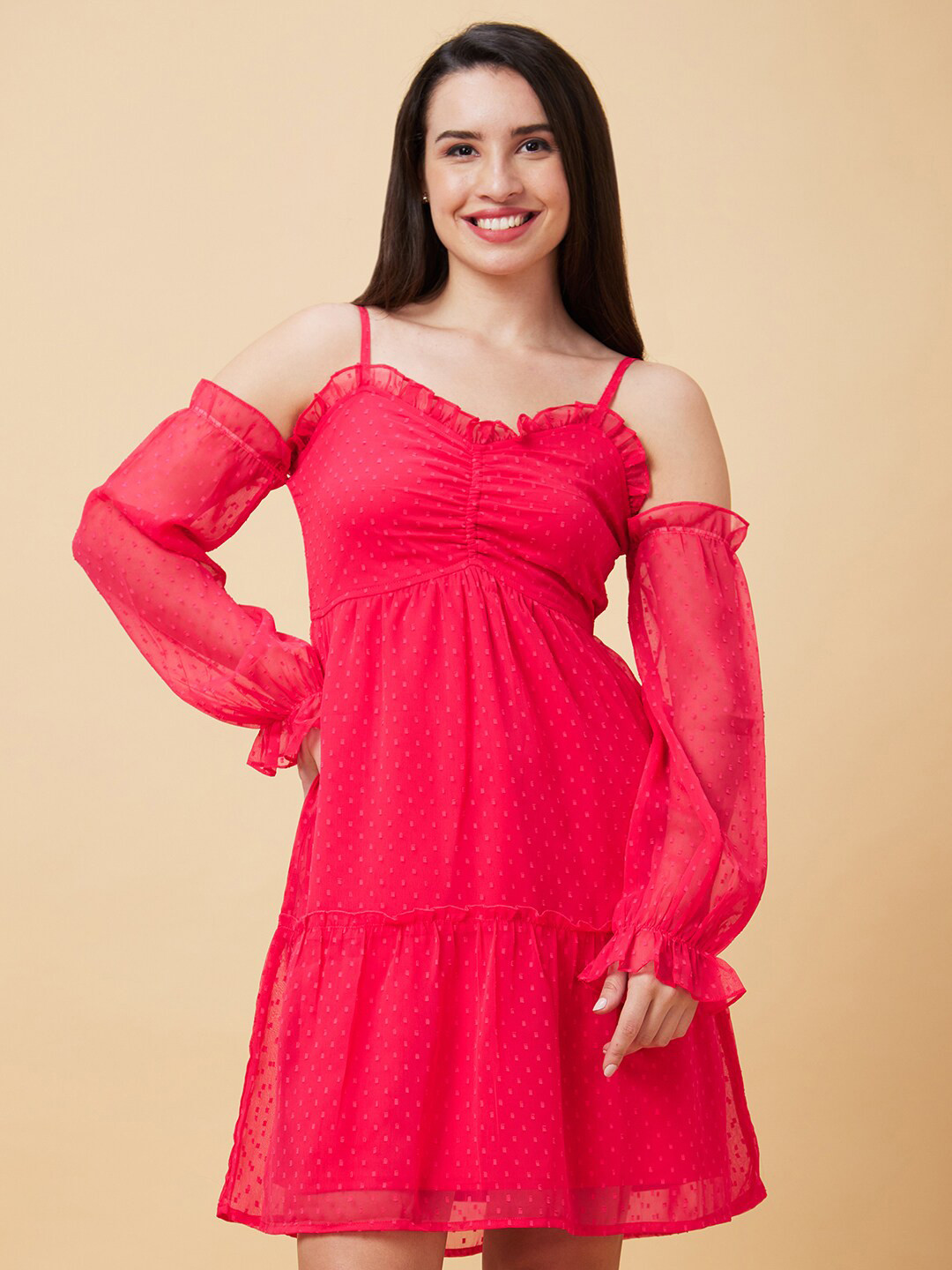 Globus Pink Self Design Cold-Shoulder Shoulder Straps Gathered Tiered Fit & Flare Dress