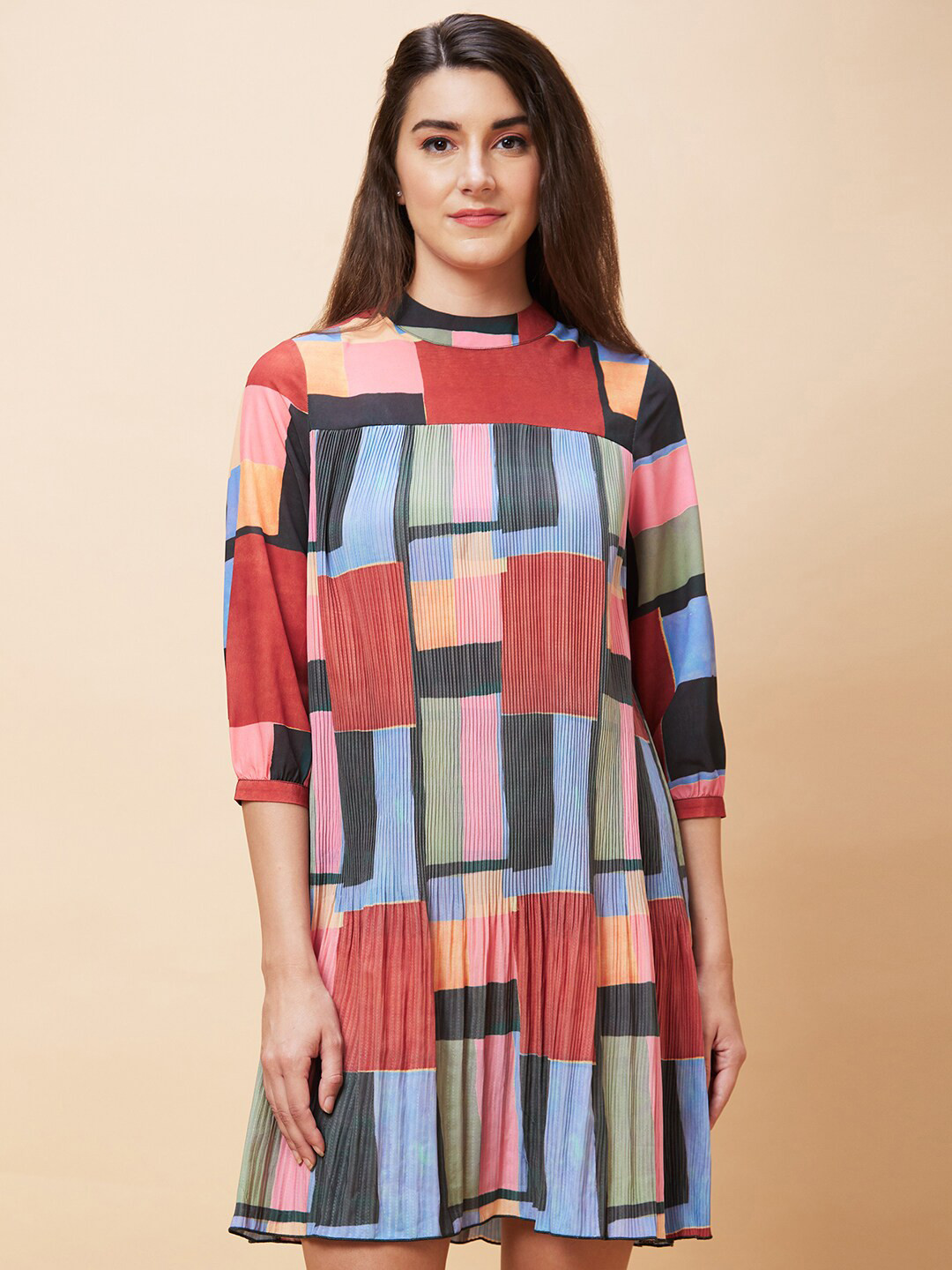 Globus Colourblocked Gathered Or Pleated A Line Dress
